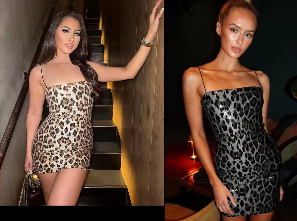 Leopard Print Women's Sequined Mini Dress Attractive Party Wear